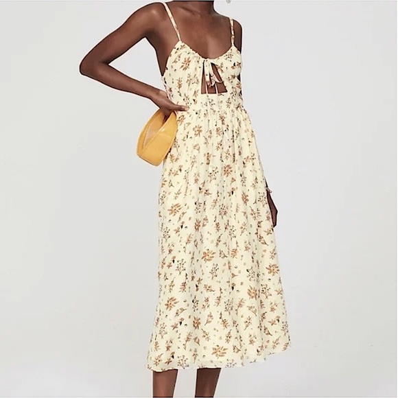 MADEWELL Soren Silk Floral Cutout Tie Front Smocked Midi Sundress - Picture 1 of 13